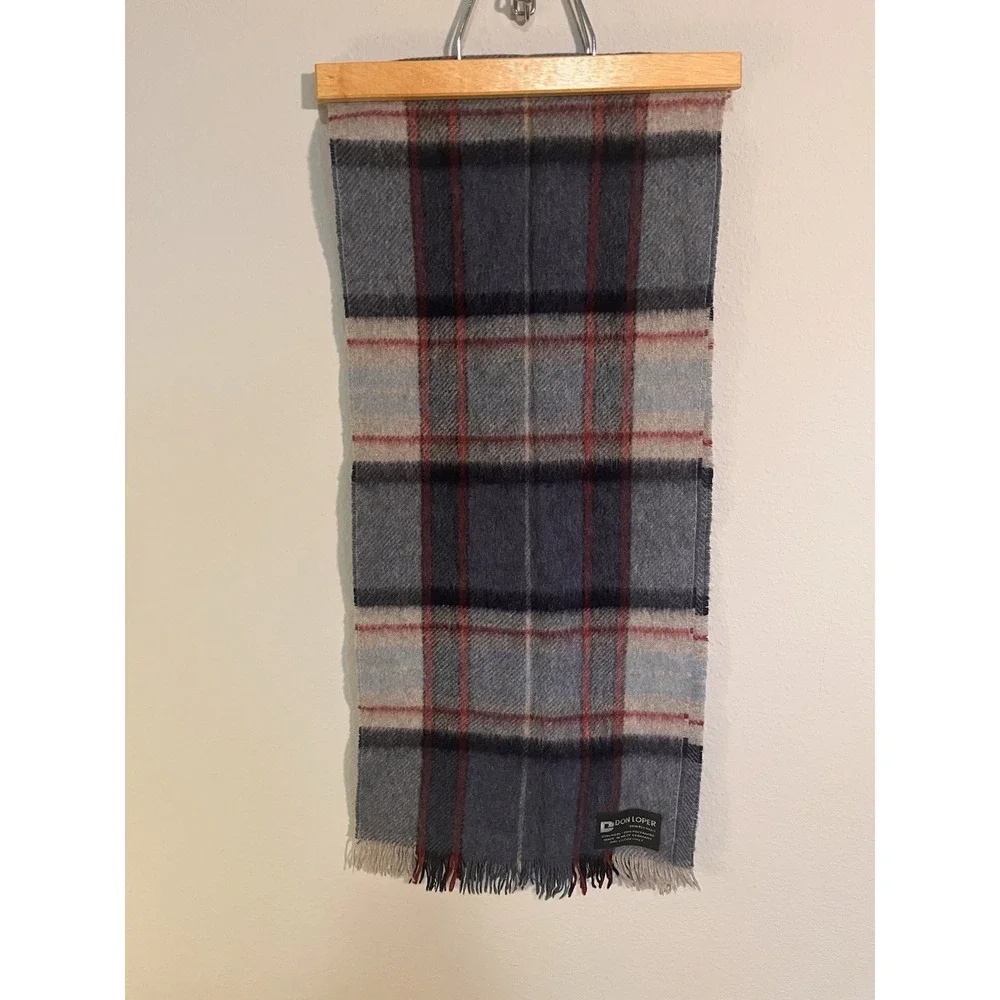 Don Loper Men's Plaid Scarf Wool Gray Red Blue 11x 50 Fringe West Germany VTG